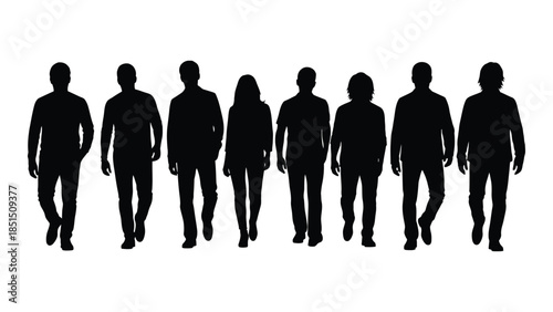 A group of people walking in a line showcasing a distinct black silhouette