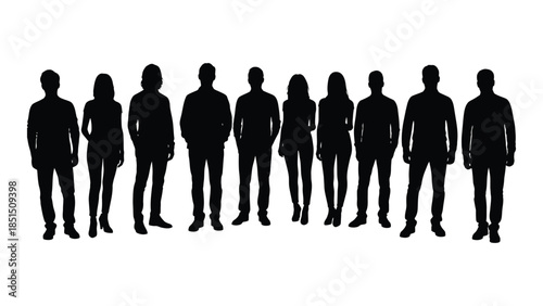 A line of people standing together depicted in a dark striking silhouette