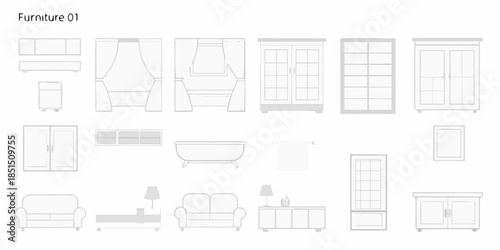 Illustrative furniture layout featuring cabinets sofas a bathtub and various storage