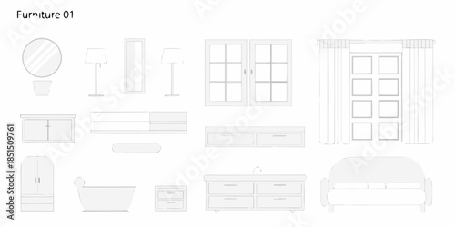 Line drawing of various furniture items for home interior design concepts