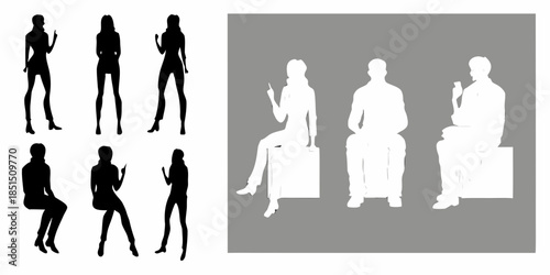 Silhouettes of people in various poses both standing and seated