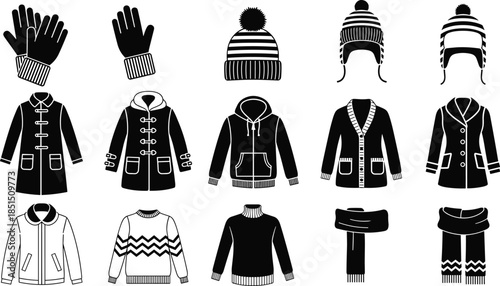 Winter clothing collection flat sketch, coat sweater scarf hat glove hoodie, fashion template, cad drawing flat vector illustration