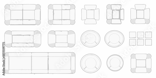 An overhead view displaying various furniture arrangements and seating options