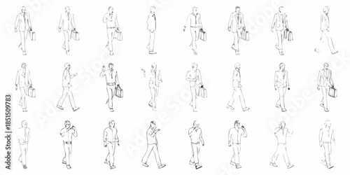 A collection of sketched figures primarily men in business attire walking