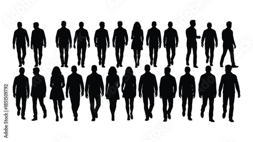 A diverse group of people walking forward depicted as a striking black silhouette