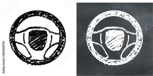 Chalk handdrawn steering wheel vector for driving schools. Ideal for illustrating car control, transport mechanics, and automotive menus on blackboards.