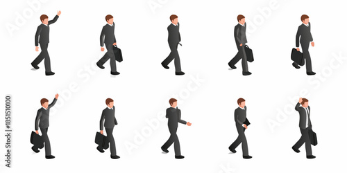 A sequence of men in suits walking illustrating different stages of movement