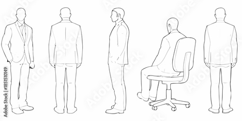 Outline of a man in various poses and a modern office chair design