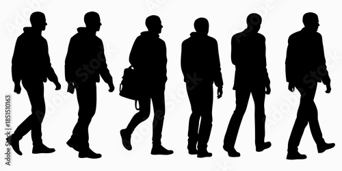 Silhouettes of men walking in a line diverse postures and clothing styles