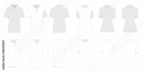 Collection of white fashion apparel technical flat sketches of various robes and dresses