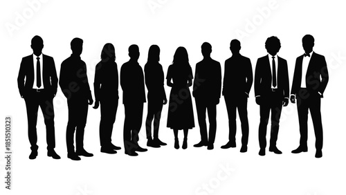 a group of people standing together dressed in formal attire black and white silhouette