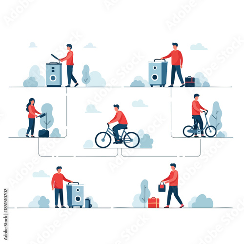 Vector-style illustration of people and objects, connected by lines, in an outdoor setting