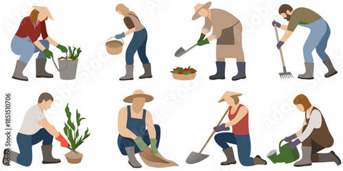 Illustrations of people gardening and performing various agricultural tasks