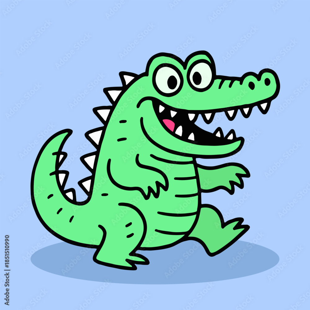 Obraz premium Cute cartoon crocodile with a big smile in a simple flat style. Playful animal illustration perfect for kids designs, stickers, storybooks, mascots, and fun graphic projects.