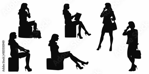 Silhouettes of women in business attire some with luggage engaged in conversation