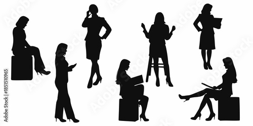 Silhouettes of business women in various poses and professional settings