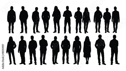 A collection of diverse human figures displayed as dark shapes a striking silhouette