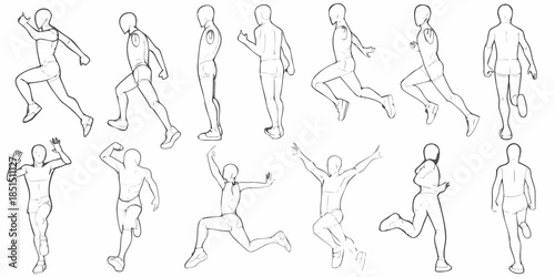 Line art illustrations of human figures in dynamic running and jumping poses