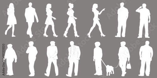 Silhouettes of people in various poses and activities against a gray background