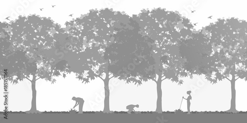 A grayscale depiction of trees and people tending to a garden scene