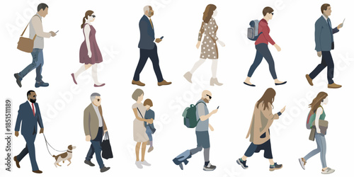Diverse group of people walking illustrated in a minimalist flat design style