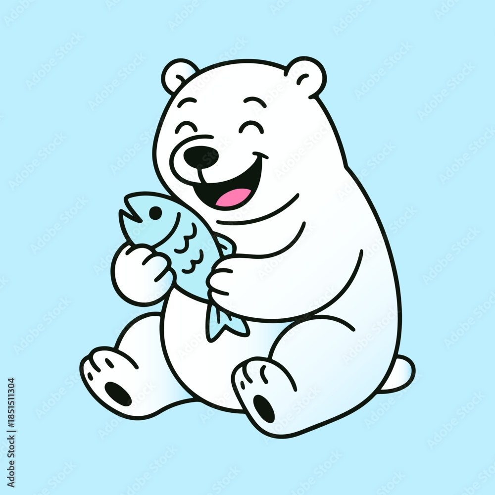 Fototapeta premium Cute polar bear cartoon holding a fish with a happy expression. Simple flat illustration, perfect for kids designs, animal characters, stickers, storybooks, and playful graphic projects.