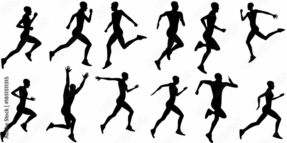 Fototapeta premium Silhouettes of people in various running and jumping poses against a white background