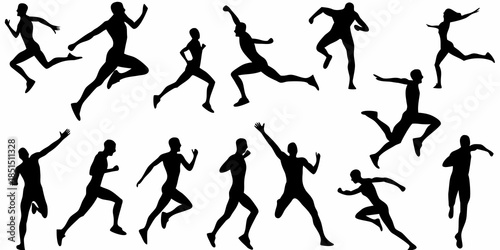 Silhouettes of people in dynamic running and jumping poses showcasing movement