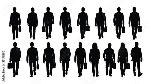 A group of business people walking forward carrying briefcases depicted in a dark silhouette