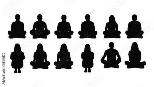 Diverse group of people in meditative poses presented as a striking black silhouette