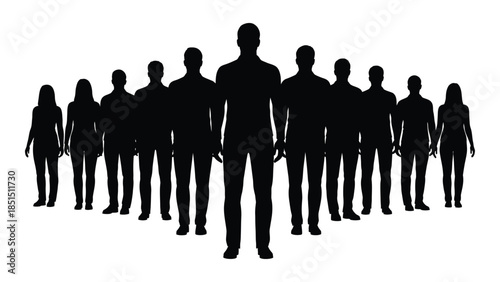 A group of people standing closely together forming a line depicted in black silhouette