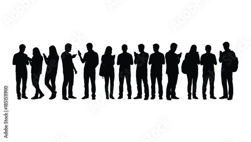 A line of people depicted in black showcasing various poses and outfits silhouette