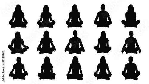 Collection of various people meditating in lotus position depicted as a striking silhouette