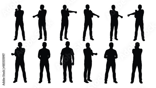 Diverse group of men in various poses shown as dark shapes a striking silhouette