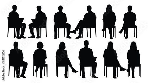 a collection of people sitting in chairs displayed as a striking black silhouette