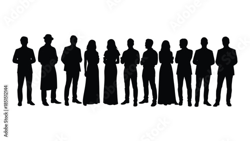 A group of people standing together varying in attire and form black silhouette