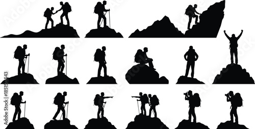 Mountain hiking silhouettes collection, backpacker climbers and explorers on peaks isolated on white background, outdoor adventure travel vector illustration
