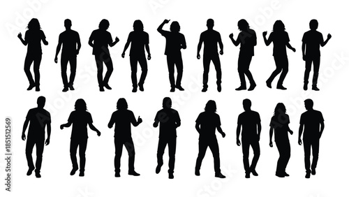 Various human figures in dynamic poses are displayed as a striking black silhouette