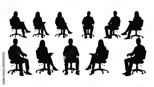 Diverse collection of office chairs in black silhouettes showcasing various designs and postures silhouette