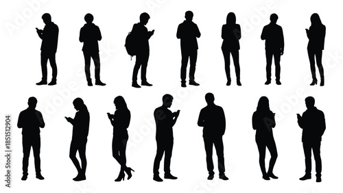 Diverse group of people in various poses depicted as a striking black silhouette