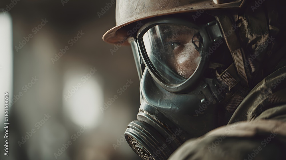 Fototapeta premium Close-up of a person in a gas mask and helmet, looking intently.