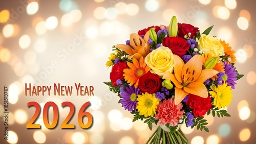 Happy New Year 2026 greeting with a vibrant bouquet of colorful flowers and a bokeh background