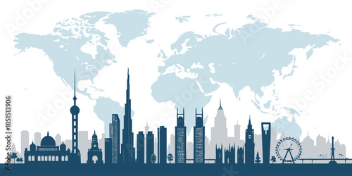 Global cityscape with iconic landmarks on world map background