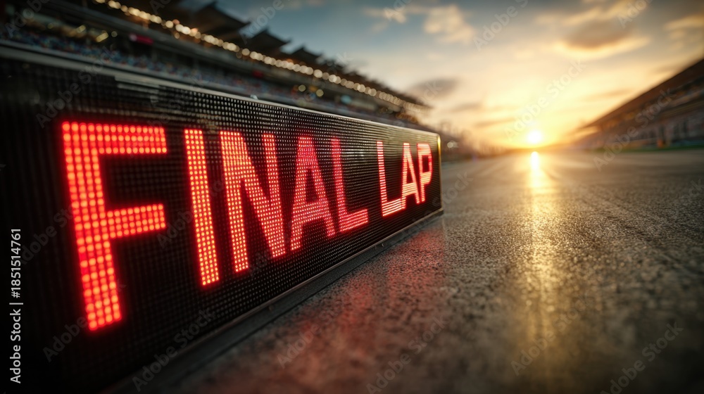 Fototapeta premium Race to the Finish: A neon sign proclaims Final Lap, its bright message against a backdrop of a speedway, with the setting sun illuminating the track and stands