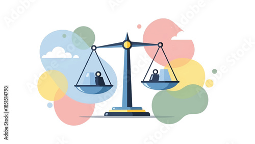 Blue balance scale with silhouetted figures and weights on pans against colorful abstract blobs art!