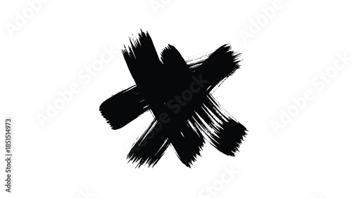 Bold black brush strokes overlap into a rough abstract 'X' shape with textured dry-brush edges tones