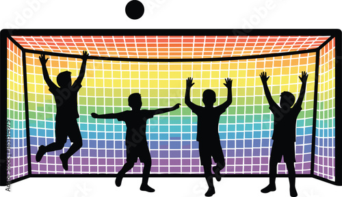 Soccer goalkeeper silhouettes celebrating save in goal, rainbow net background, football teamwork concept, sports pride illustration isolated white background