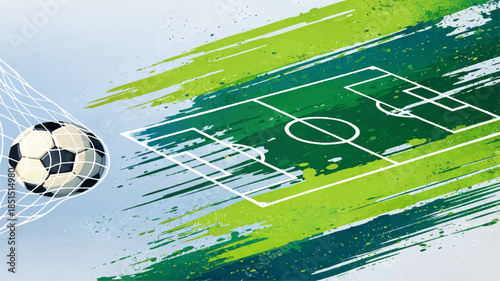 Grunge soccer ball on a green grass field stadium pitch with texture and lines for a sports championship competition football match vector illustration