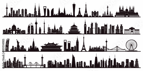 City skylines from around the world in black silhouette on white background