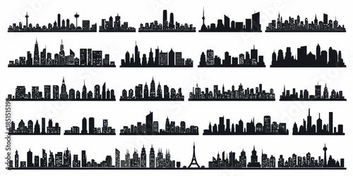 Collection of iconic city skylines in black silhouette style